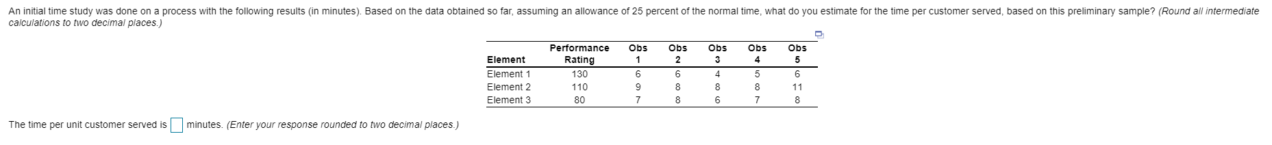 An initial time study was done on a process with