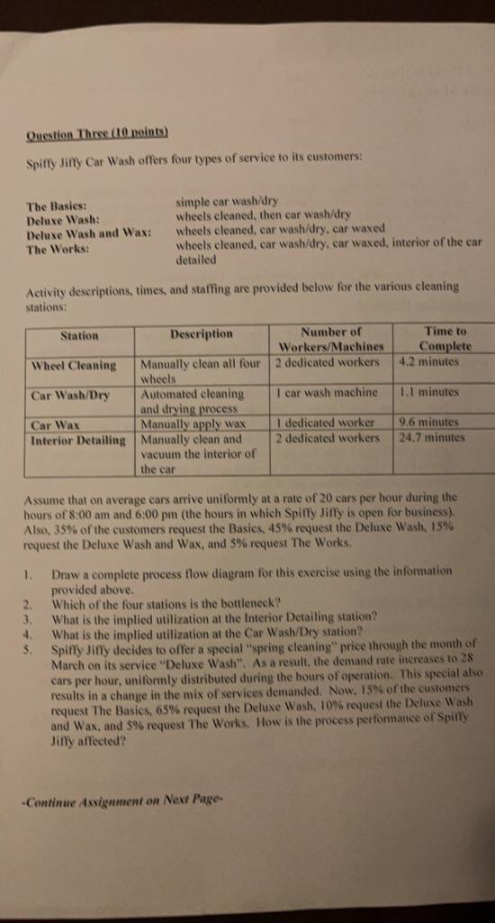 Question Three (10 points) Spitty Jitty Car Wash