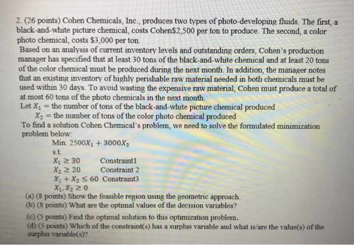 2.(26 points) Cohen Chemicals, Inc., produces two