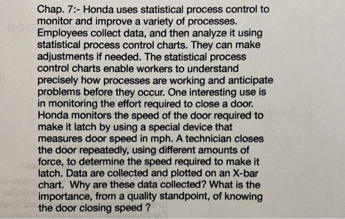 Chap. 7:- Honda uses statistical process control