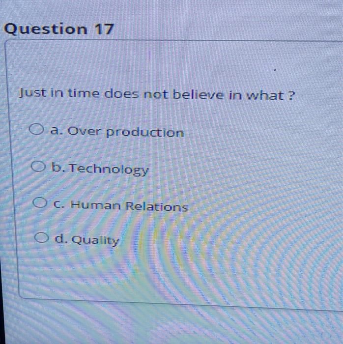 Question 17 Just in time does not believe in what