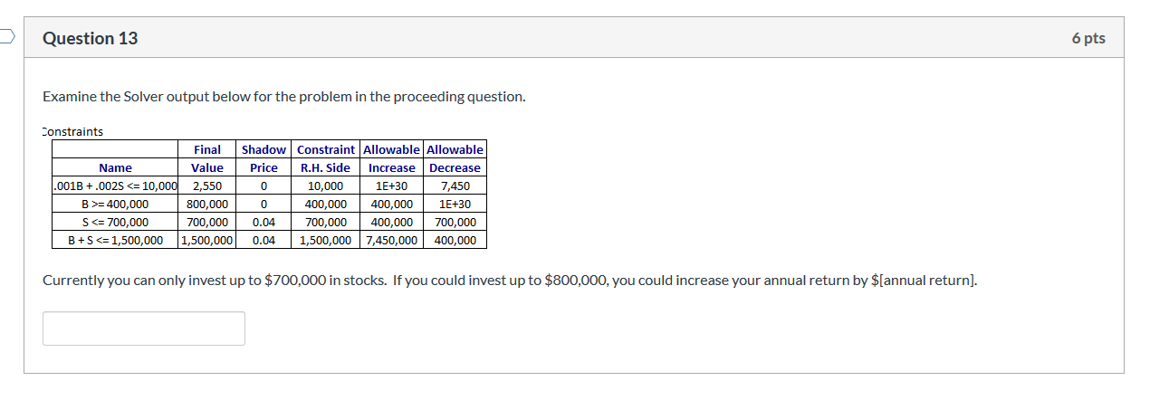 Question 13 6 pts Examine the Solver output below