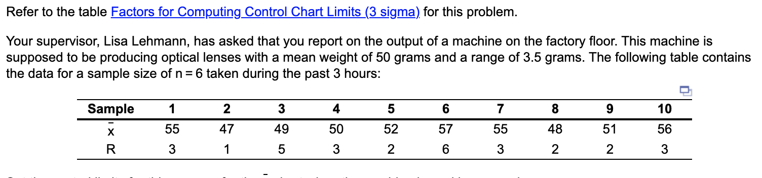 Refer to the table Factors for Computing Control