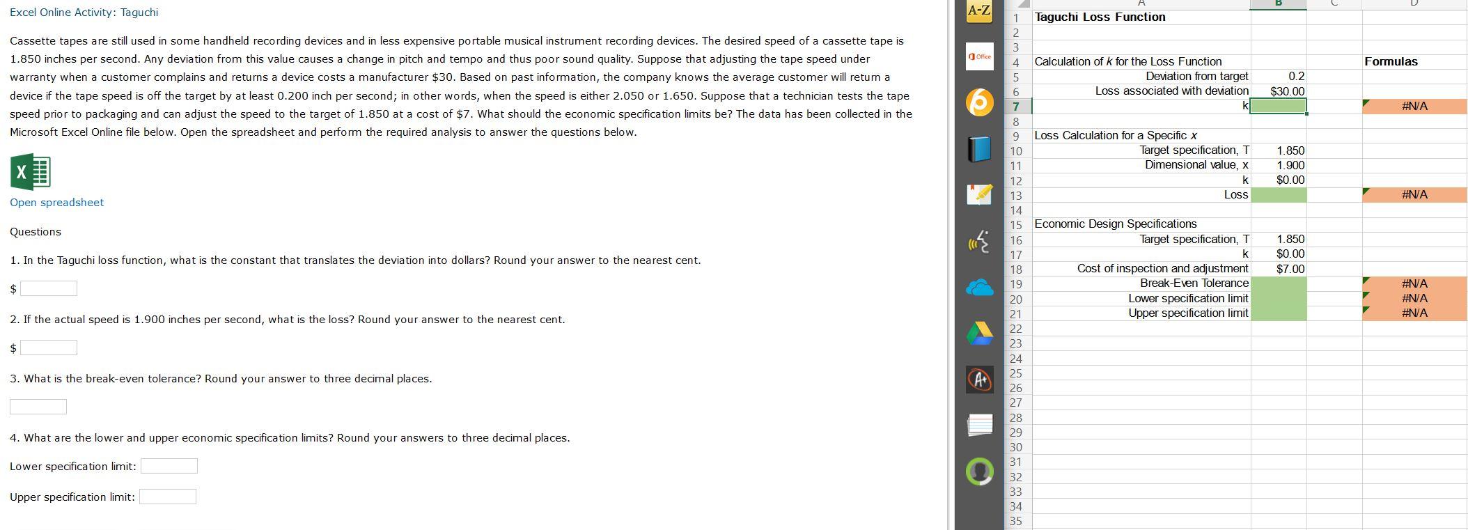 Excel Online Activity: Taguchi Microsoft Excel