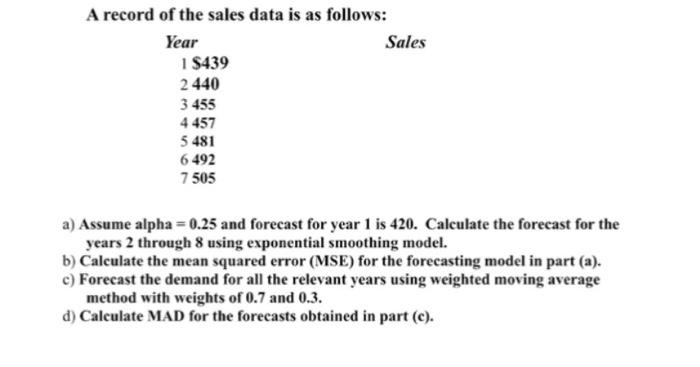 A record of the sales data is as follows: Year