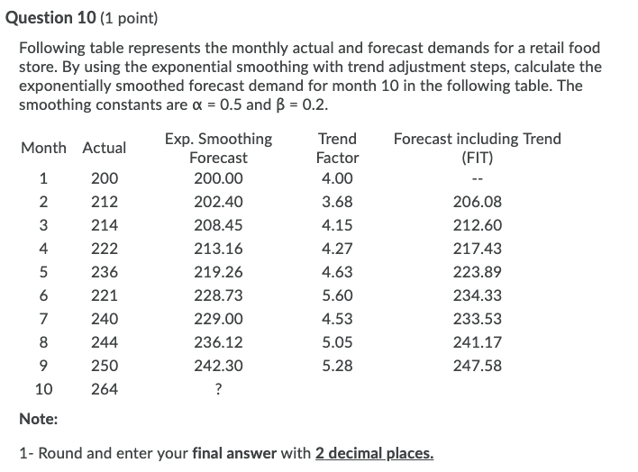 Question 10 (1 point) Following table represents