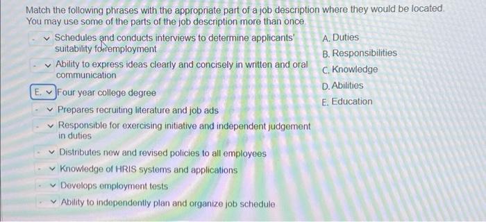 human resources management question Match the