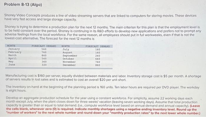 Problem 8-13 (Algo) Shoney Video Concepts