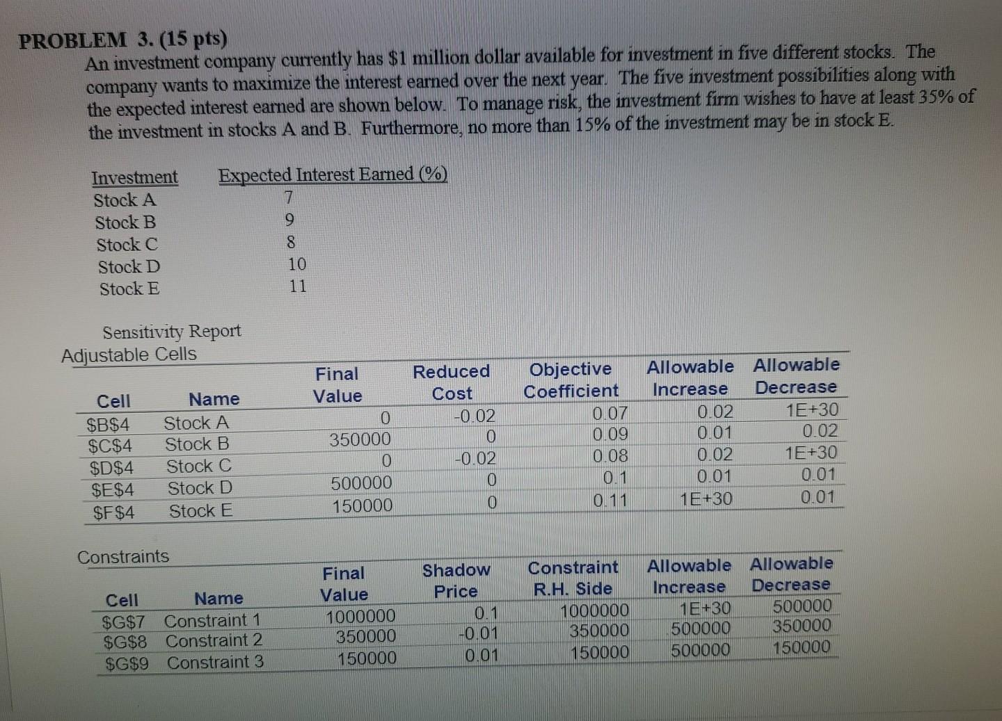 PROBLEM 3. (15 pts) An investment company