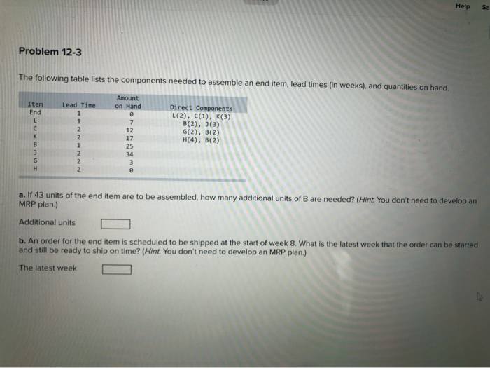 Help Sa Problem 12-3 The following table lists