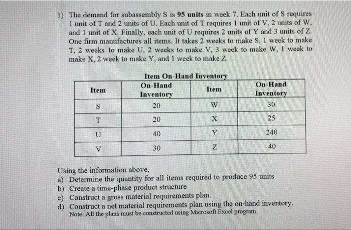 please help 1) The demand for subassembly S is 95