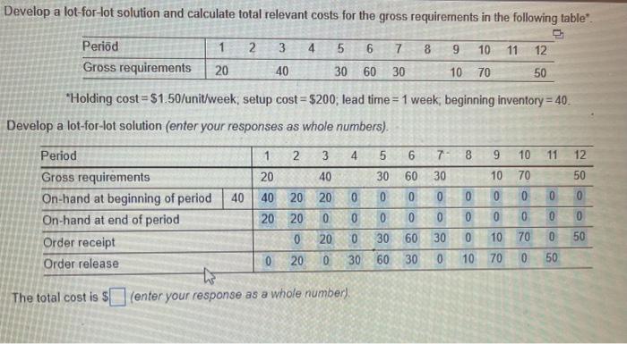 The total cost is ? Develop a lot-for-lot