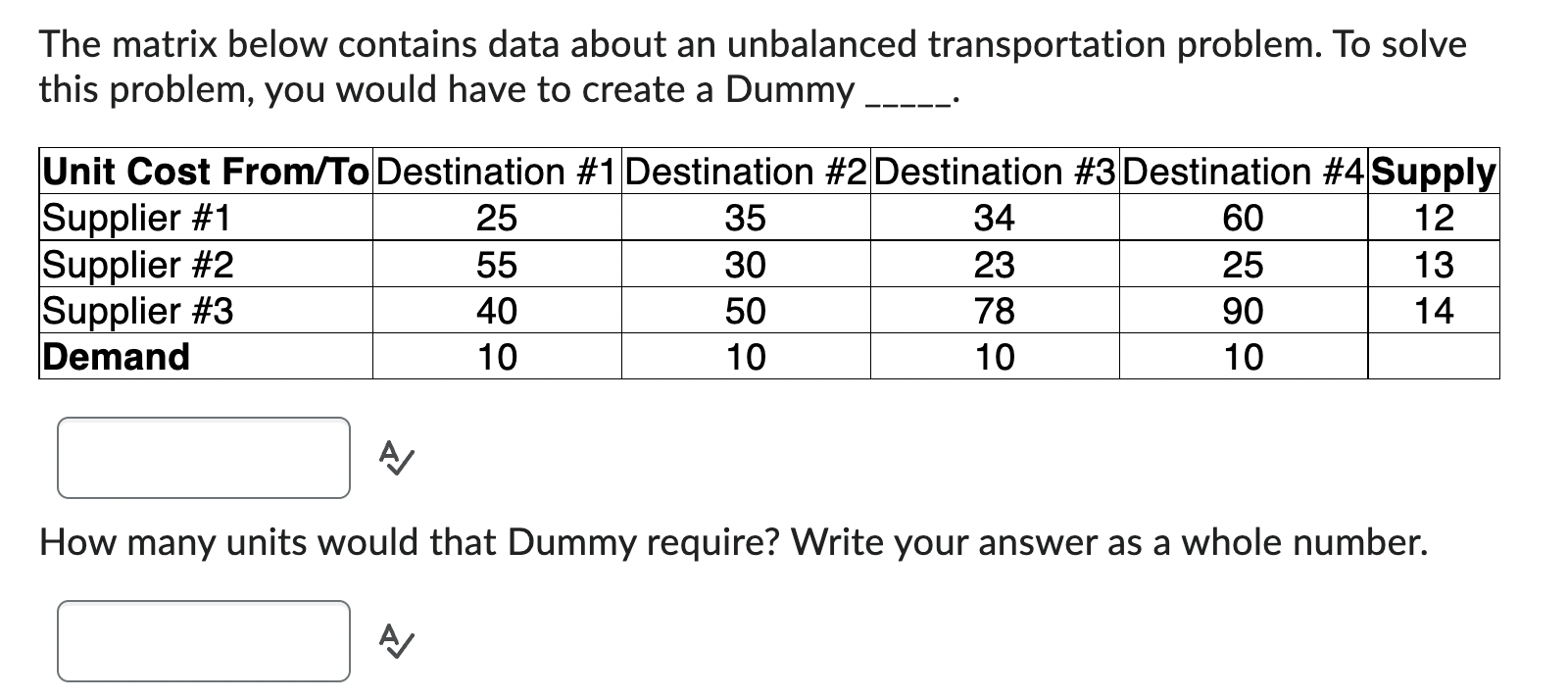 The matrix below contains data about an