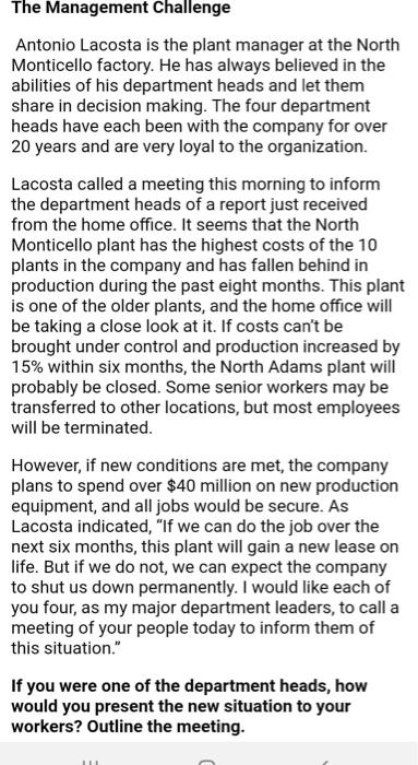 The Management Challenge Antonio Lacosta is the