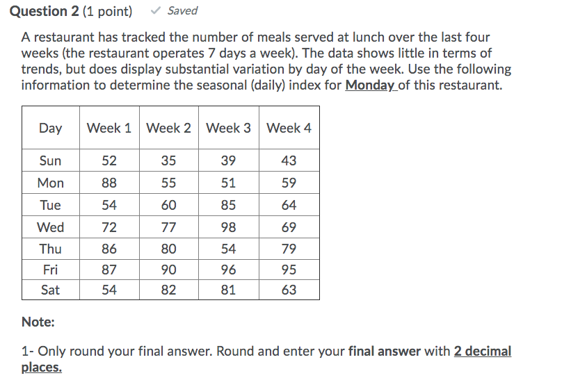 Question 2 (1 point) Saved A restaurant has