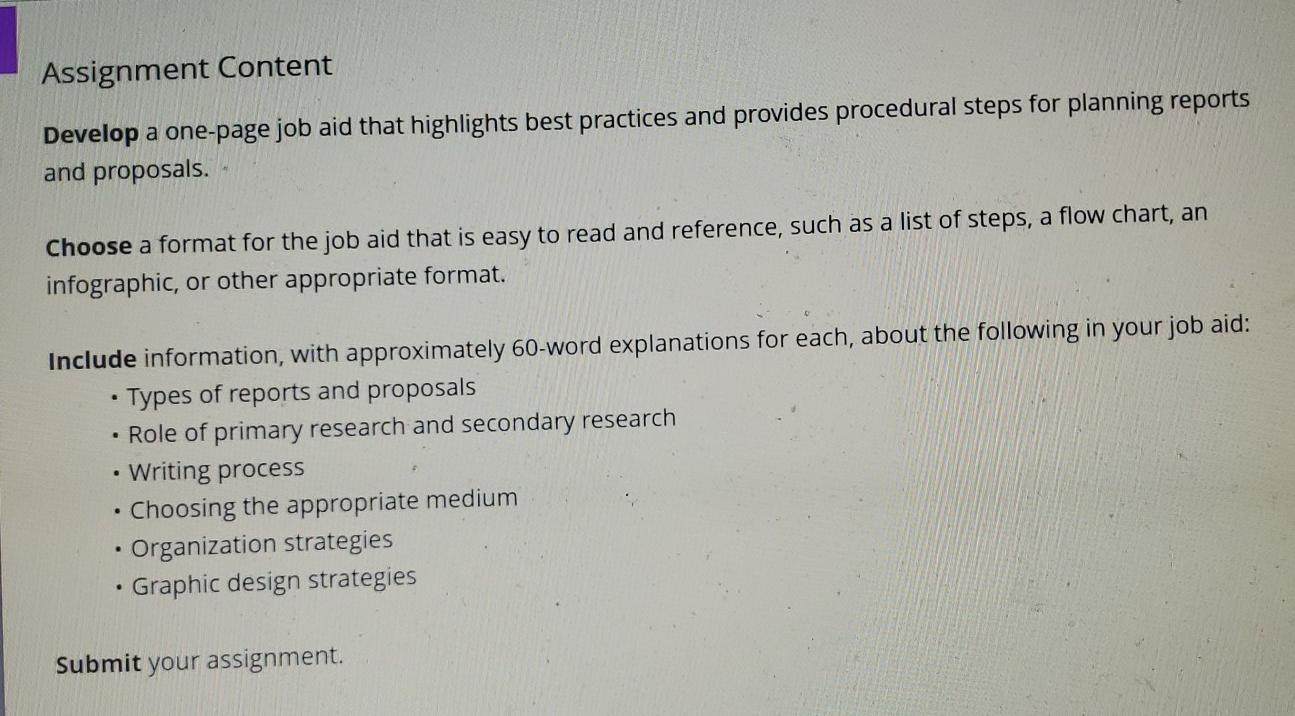 Assignment Content Develop a one-page job aid