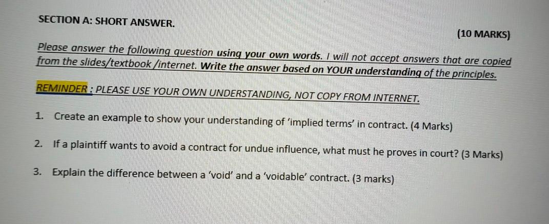 SECTION A: SHORT ANSWER. (10 MARKS) Please answer