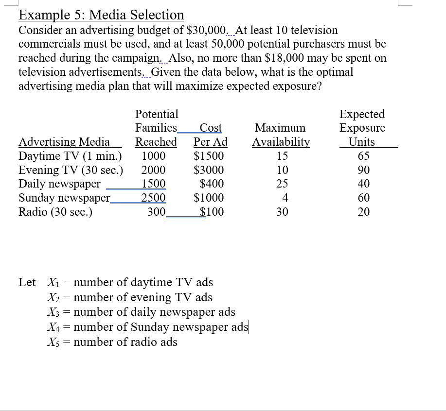 Media Selection from the lecture notes. Solve the