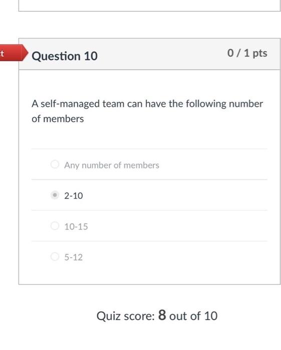 t Question 10 0 / 1 pts A self-managed team can