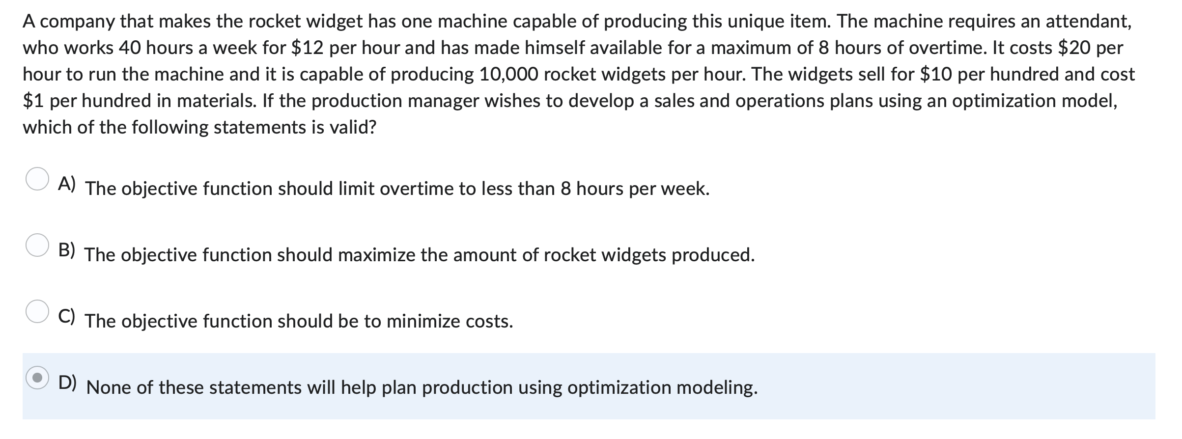 A company that makes the rocket widget has one