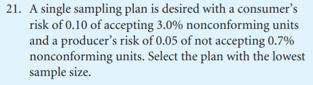 a 21. A single sampling plan is desired with a