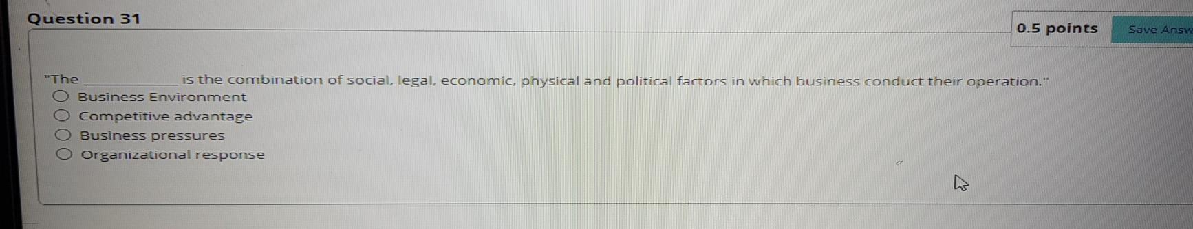 Question 31 0.5 points Save Answ "The is the