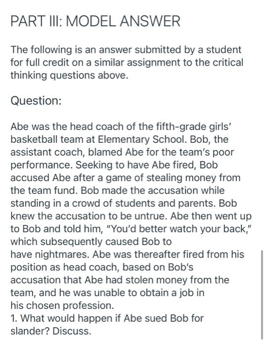 PART III: MODEL ANSWER : The following is an