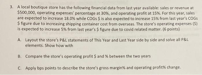 3. A local boutique store has the following