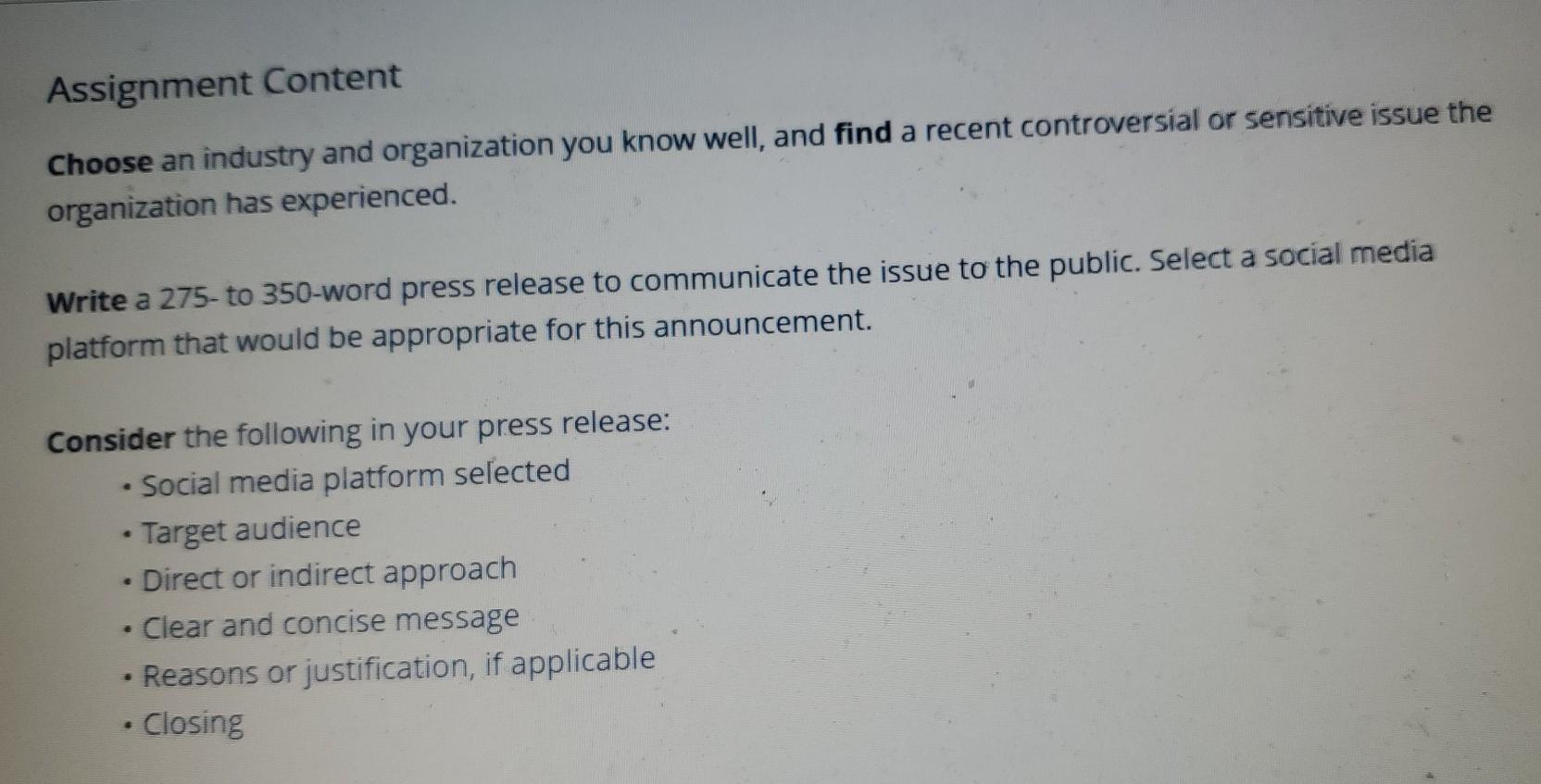 Assignment Content a Choose an industry and