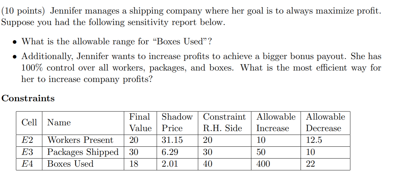 (10 points) Jennifer manages a shipping company