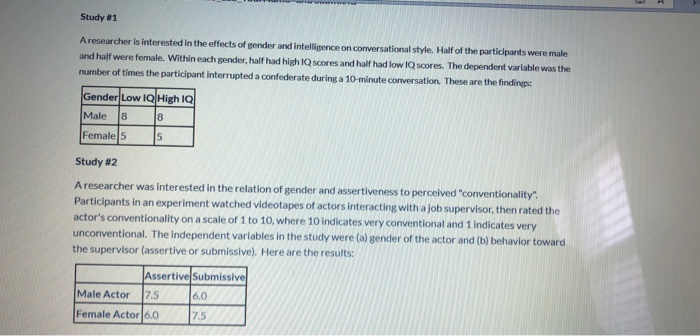 Below are 5 hypothetical factorial studies. To