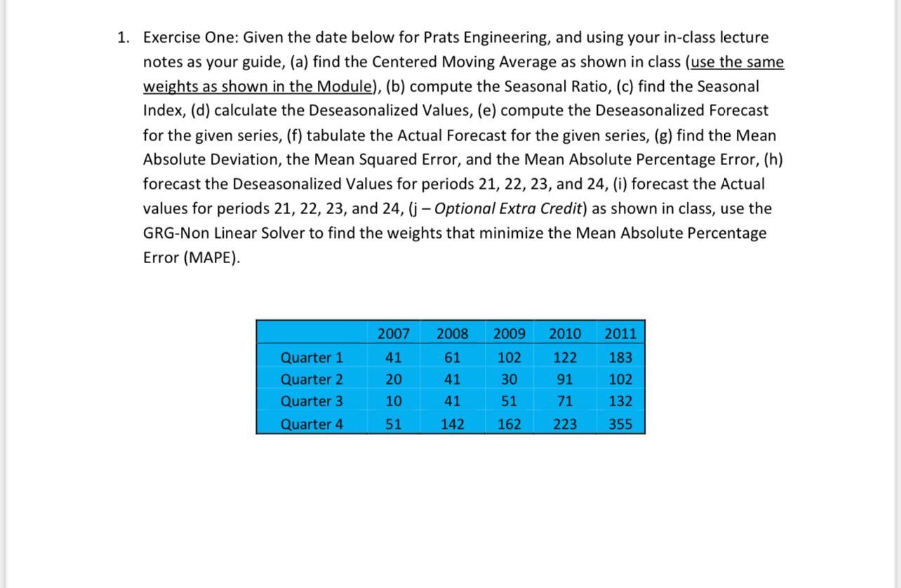 1. Exercise One: Given the date below for Prats