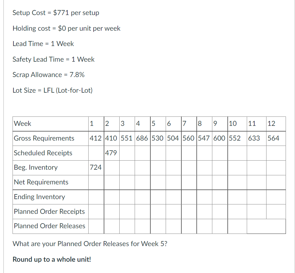 Setup Cost = $771 per setup Holding cost = $0 per