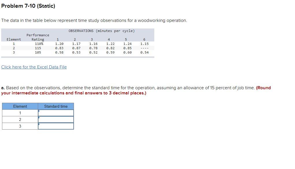 Problem 7-10 (Static) The data in the table below