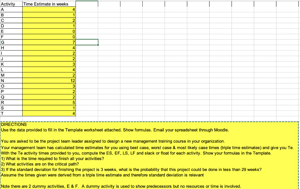 Time Estimate in weeks 4 1 Activity A B D E F G H