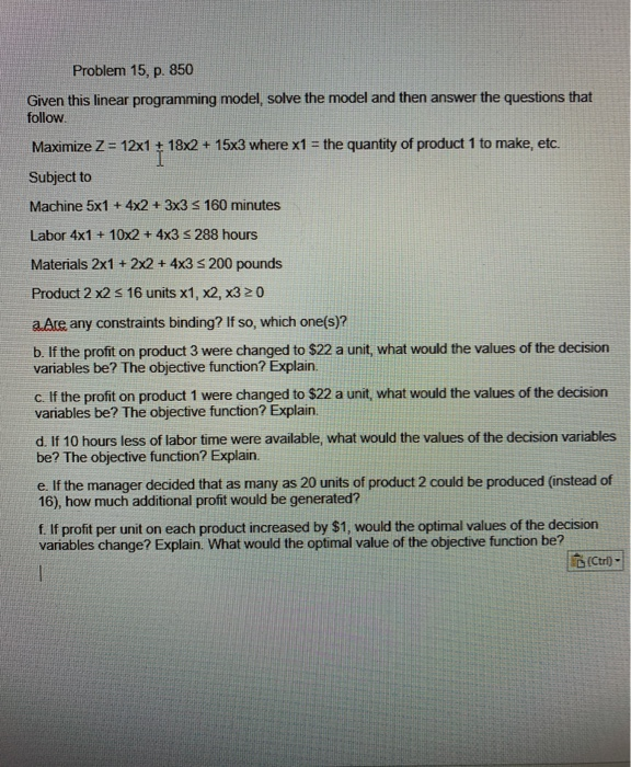 Problem 15, p. 850 Given this linear programming
