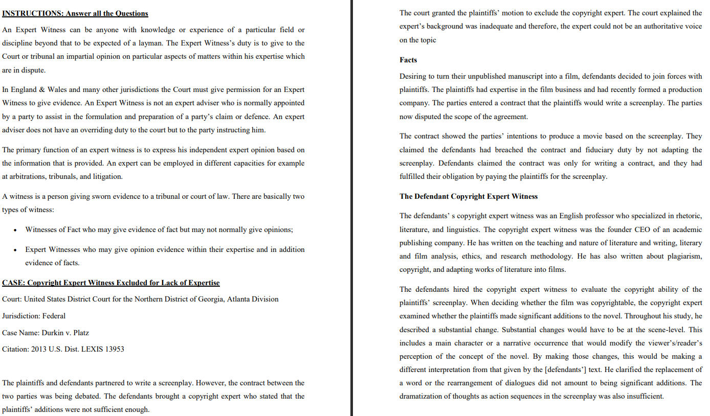 INSTRUCTIONS: Answer all the Questions The court