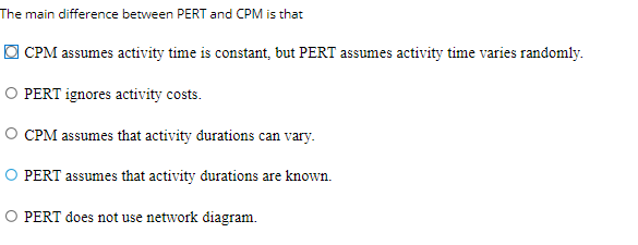 The main difference between PERT and CPM is that