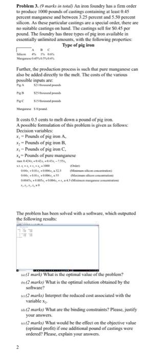 intro management science Problem 3.19 marks in