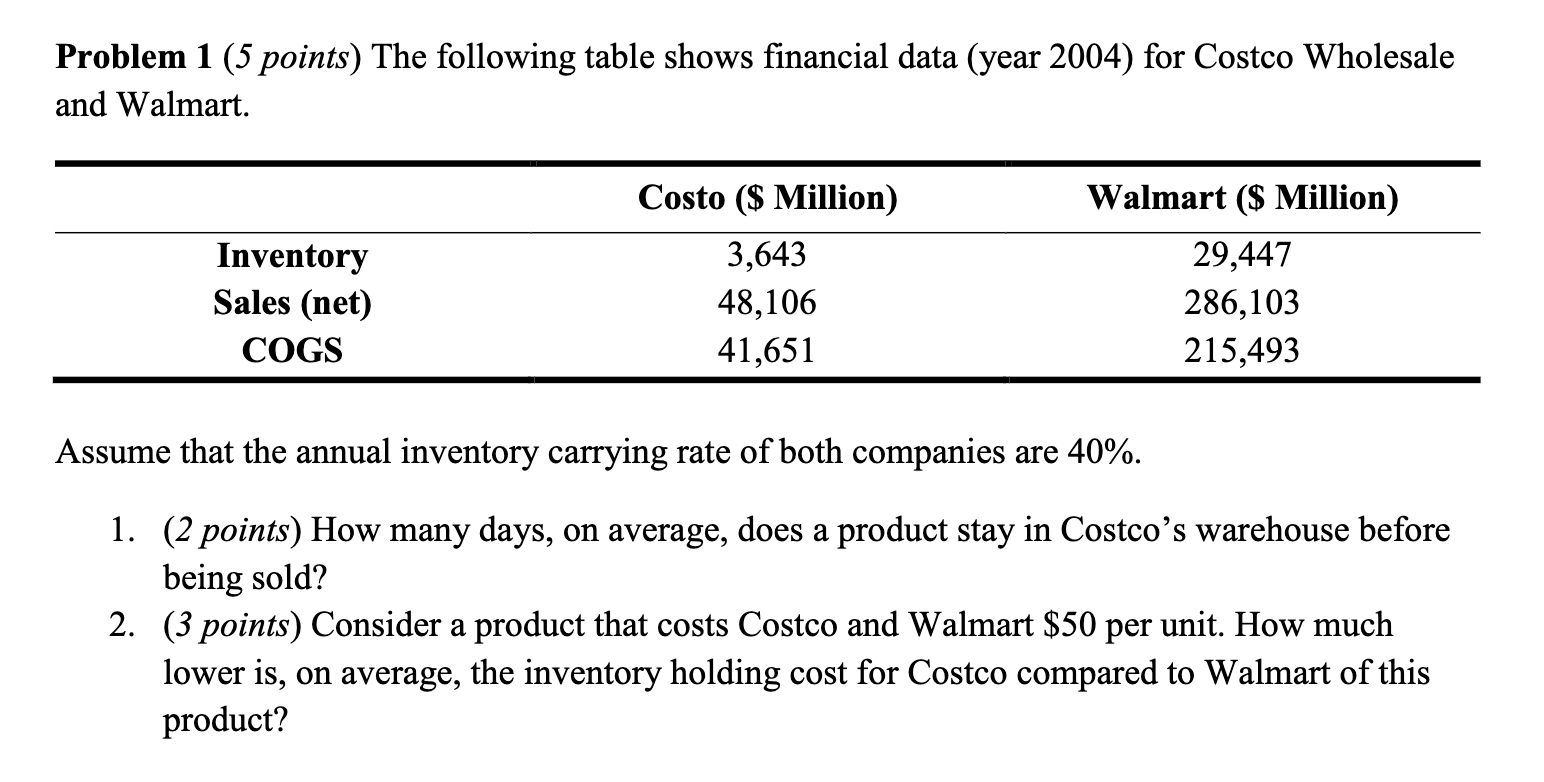 Problem 1 (5 points) The following table shows