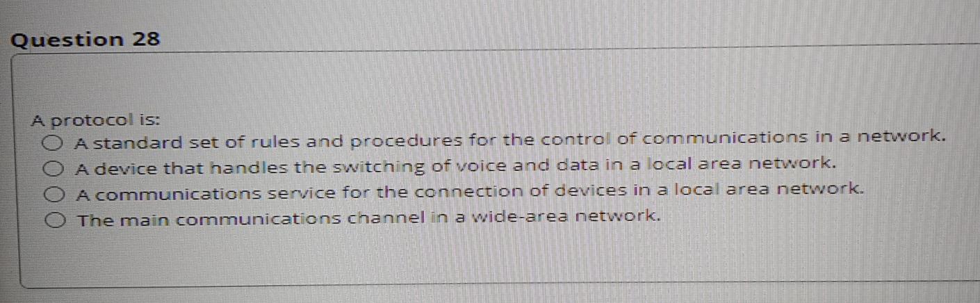 Question 28 A protocol is: A standard set of