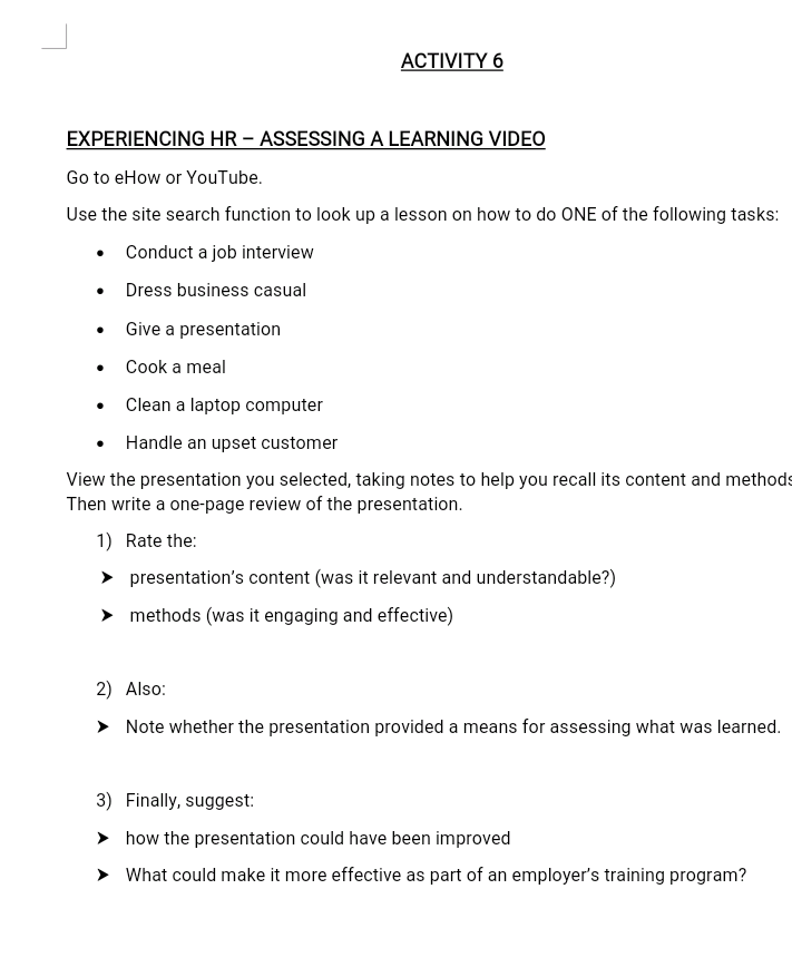ACTIVITY 6 EXPERIENCING HR ASSESSING A LEARNING