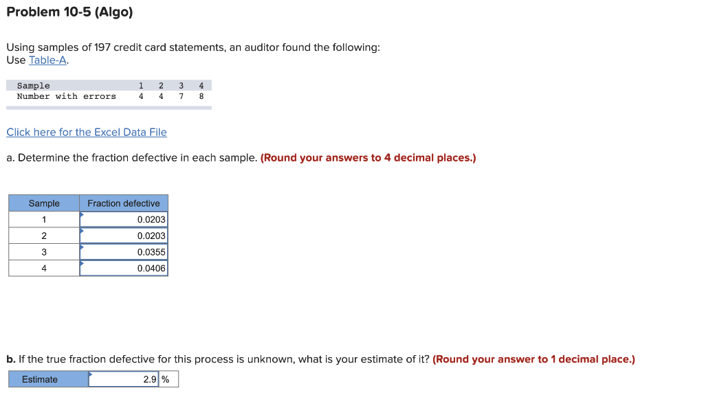 Problem 10-5 (Algo) Using samples of 197 credit