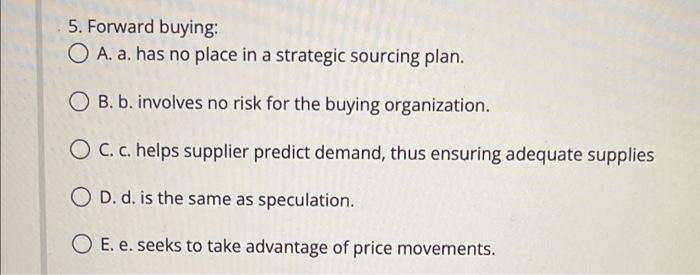 5. Forward buying: O A. a. has no place in a