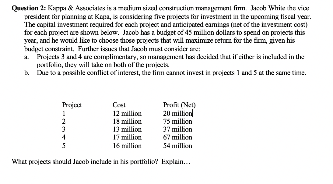 Question 2: Kappa & Associates is a medium sized