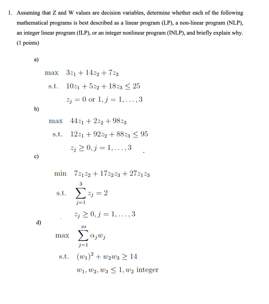 1. Assuming that Z and W values are decision