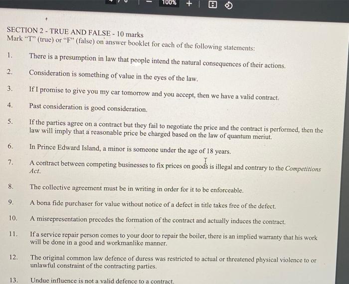 I - 100% + OS SECTION 2 - TRUE AND FALSE - 10