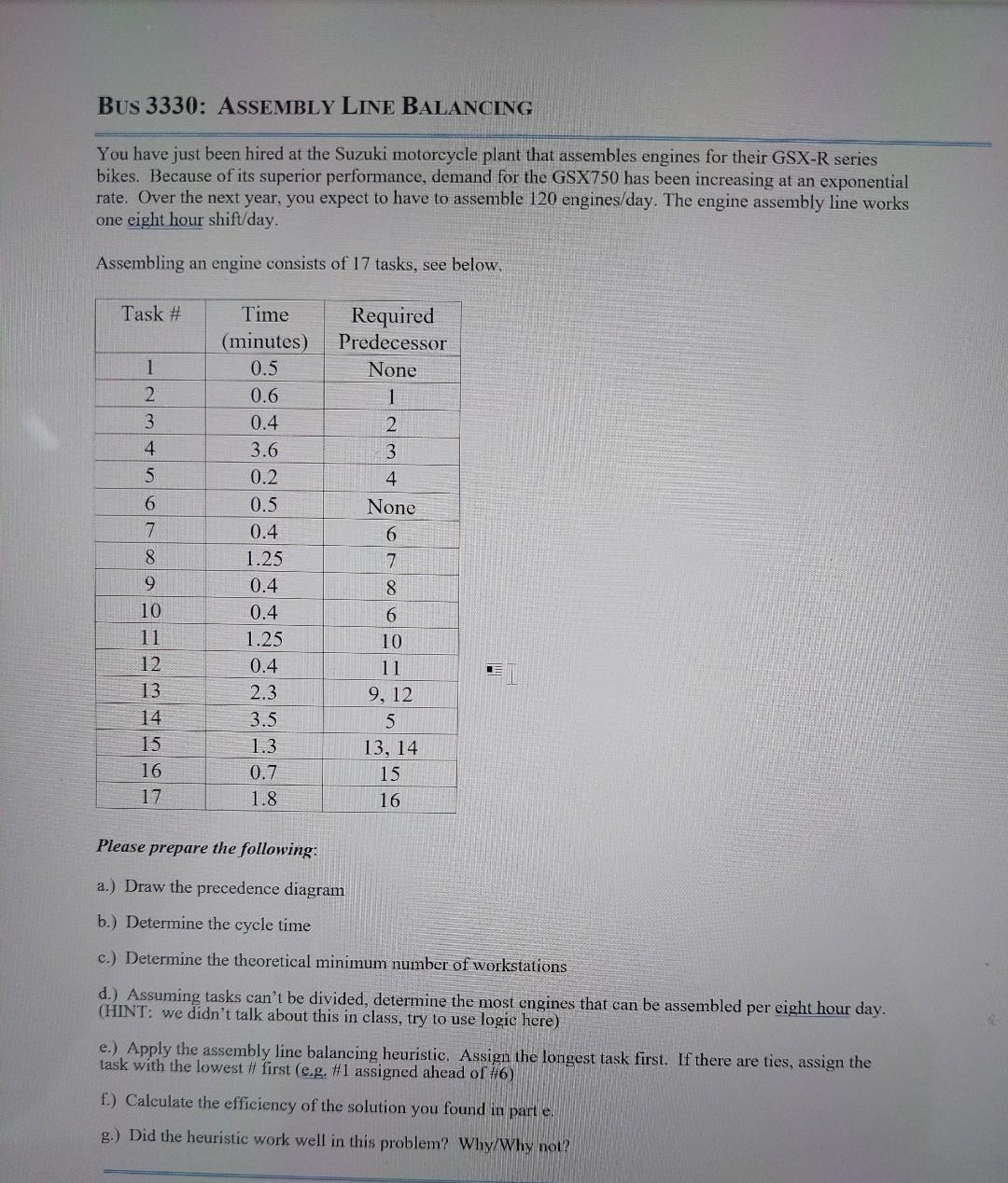 Questions: D, E, F, G Bus 3330: ASSEMBLY LINE