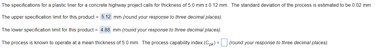 The specifications for a plastic liner for a
