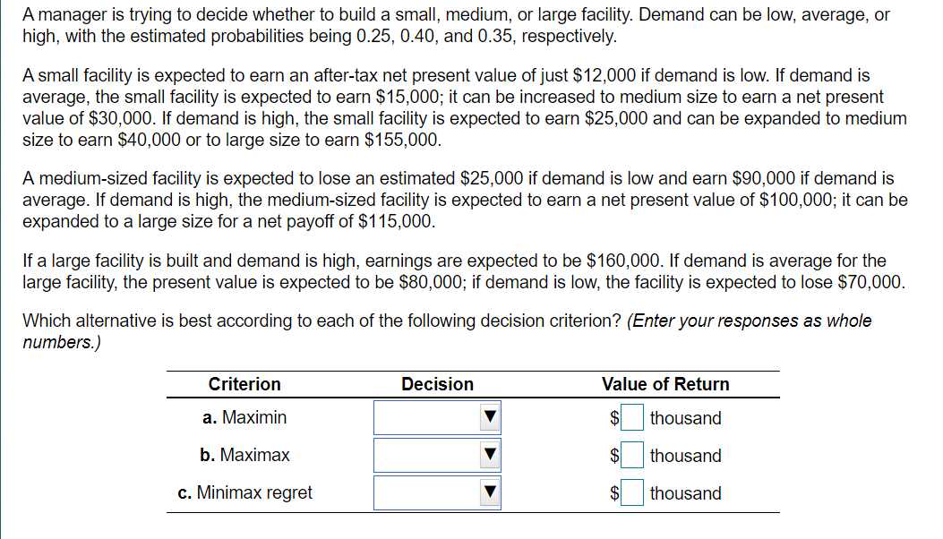 A manager is trying to decide whether to build a